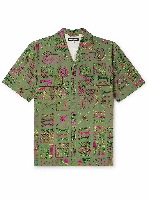 Photo: Monitaly - 50's Milano Camp-Collar Embroidered Cotton Shirt - Green
