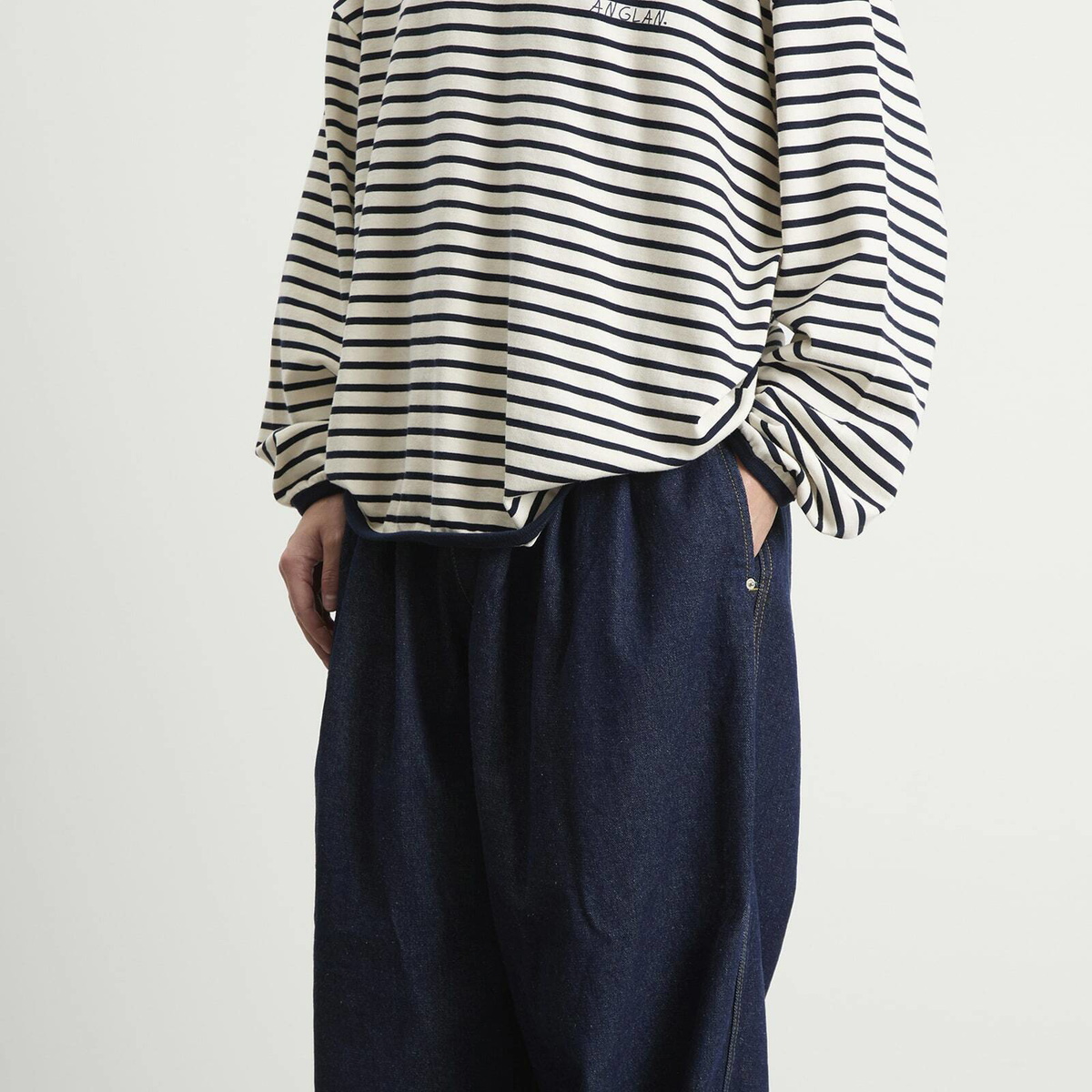 Anglan Men's Rigid Indigo Denim Balloon Pants in Dark Blue Anglan
