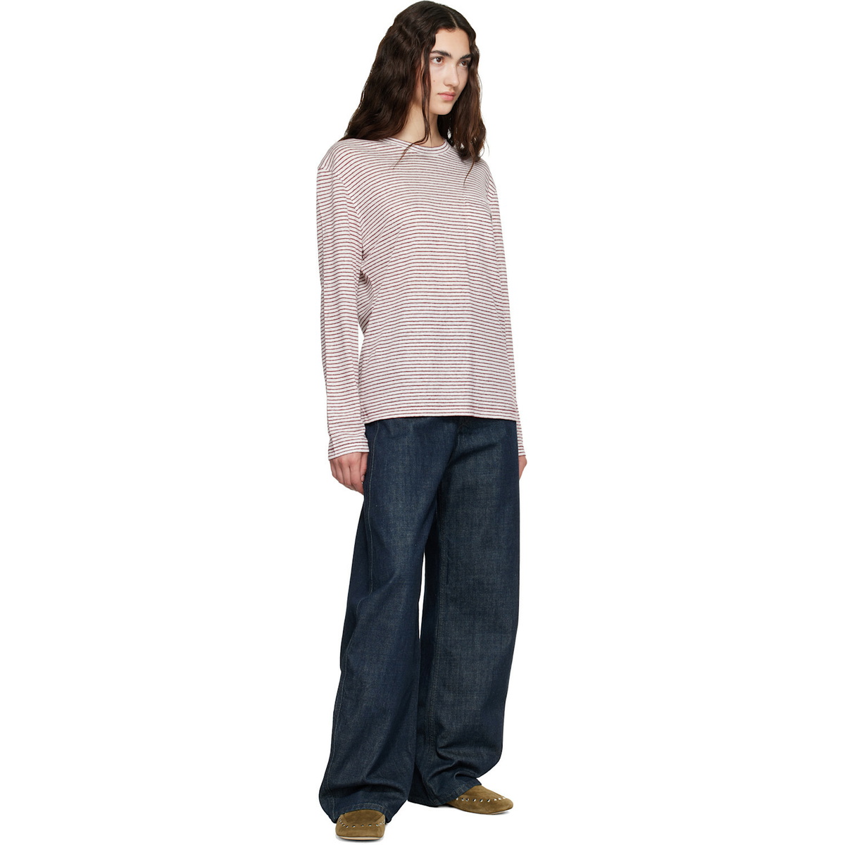 Wales Bonner Off-White & Burgundy Linen Stripe Jersey Hour T-shirt