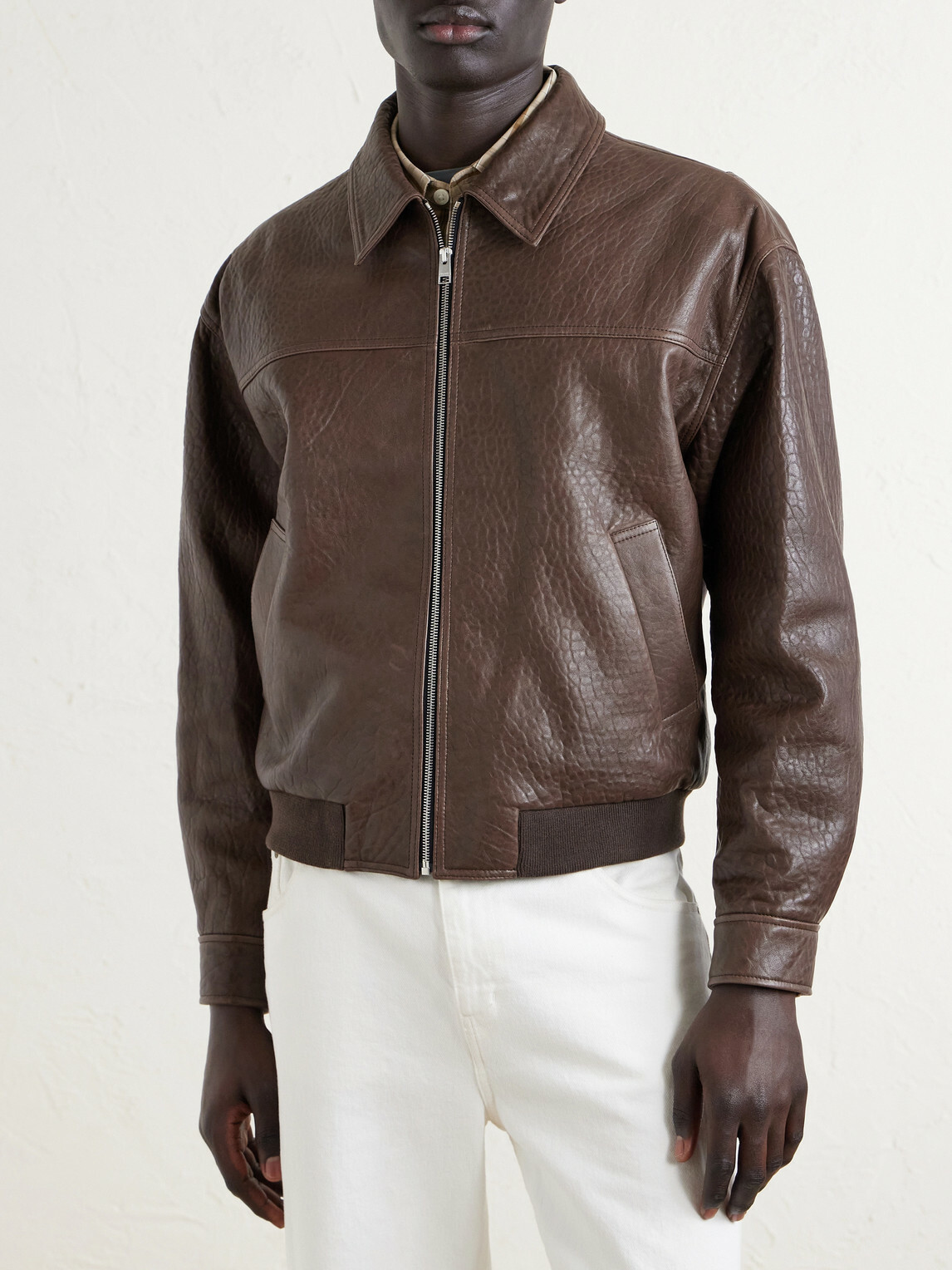 FRAME - Textured-Leather Bomber Jacket - Brown