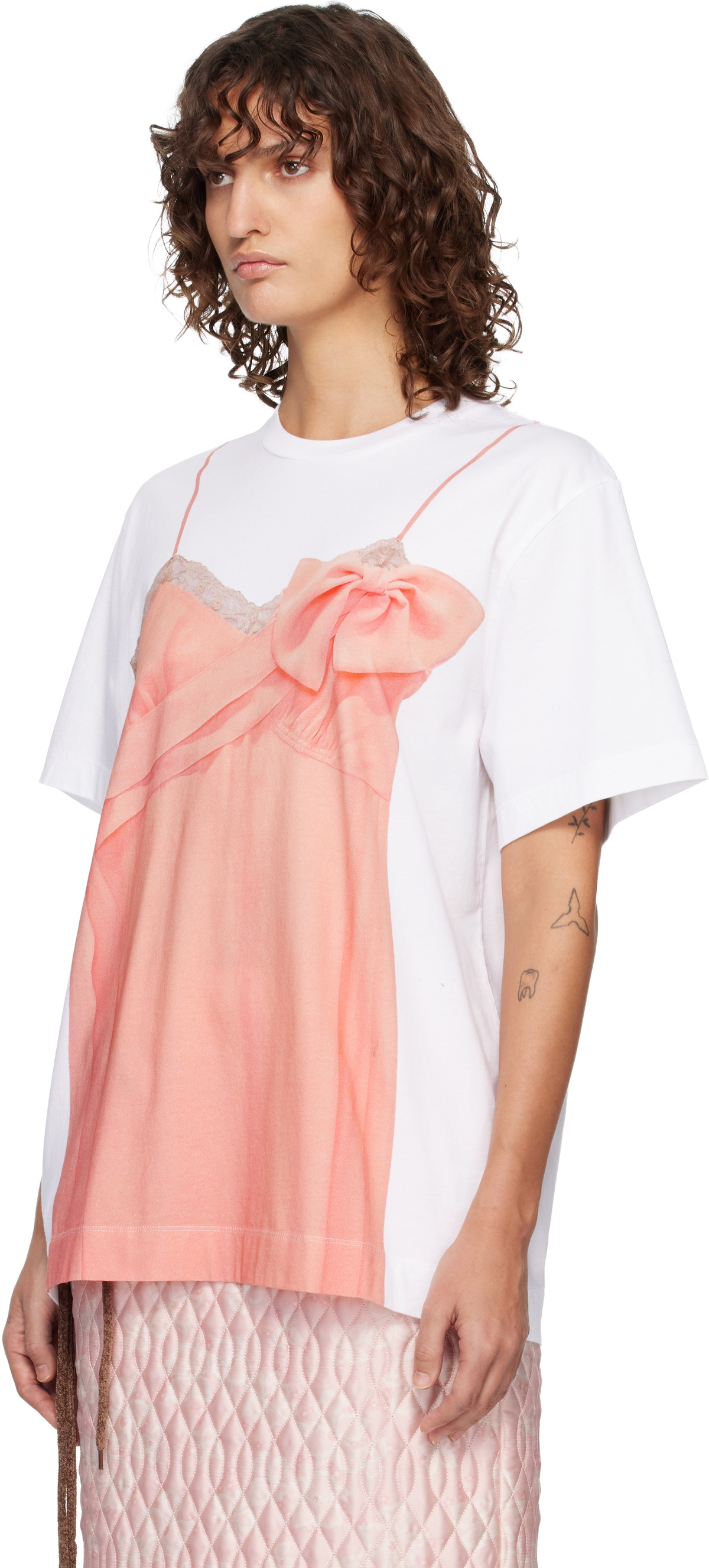 Simone Rocha White & Pink Bow Sash Slip Dress Trompe L'Oeil T-shirt