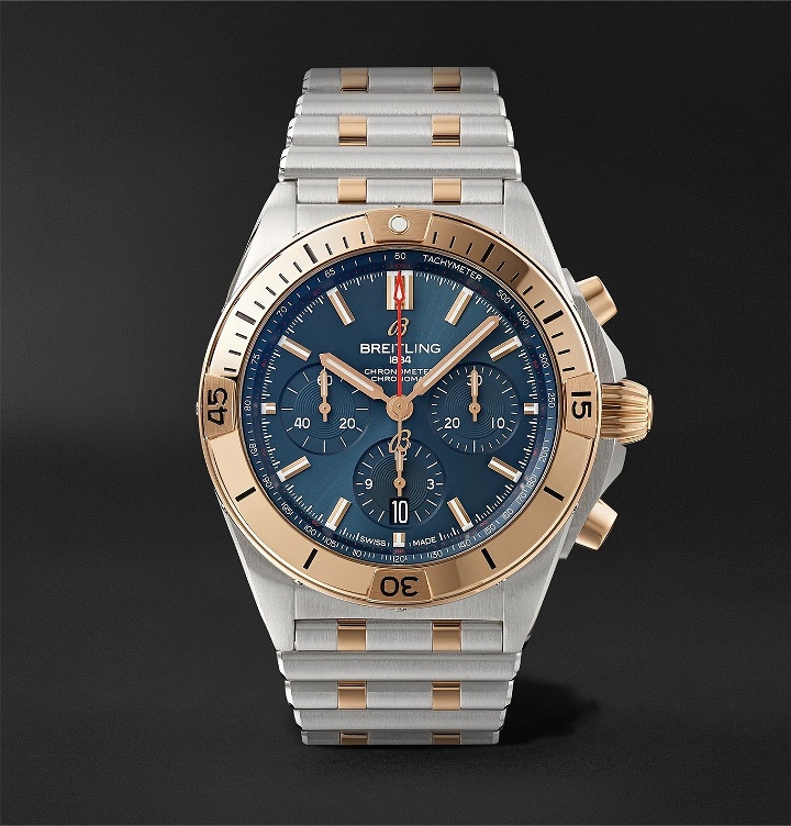 Photo: Breitling - Chronomat B01 Automatic Chronograph 42mm Stainless Steel and 18-Karat Red Gold Watch, Ref. No. UB0134101C1U1 - Blue