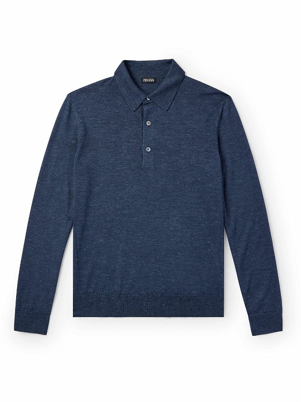 Photo: Zegna - Silk, Cashmere and Linen-Blend Polo Shirt - Blue