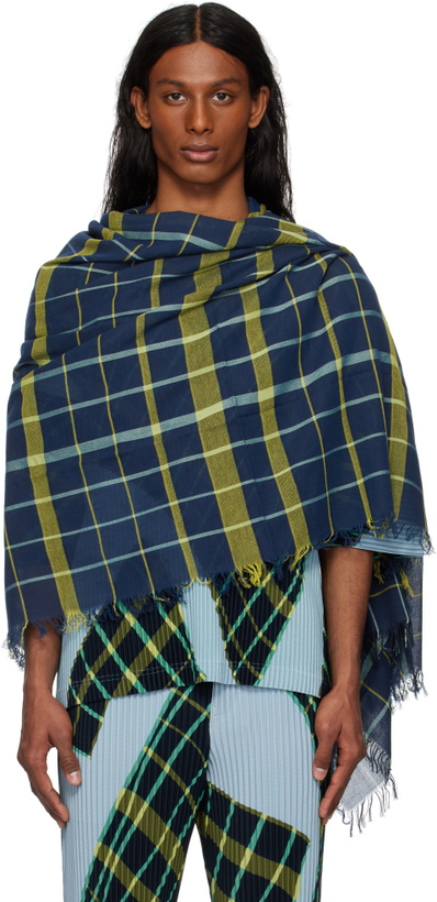 Photo: HOMME PLISSÉ ISSEY MIYAKE Navy & Green Plaid Stole Scarf