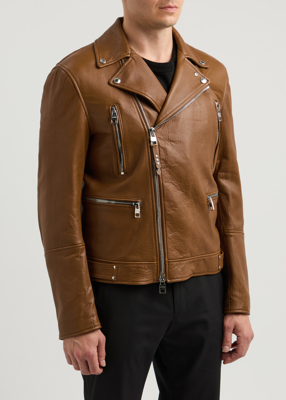 Alexander Mcqueen Grained Leather Biker Jacket Tan