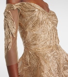 Monique Lhuillier Embroidered off-shoulder tulle gown