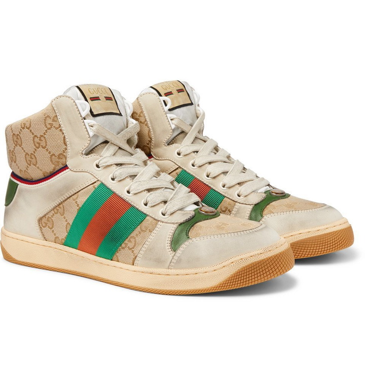 Photo: Gucci - Screener Distressed Leather and Webbing High-Top Sneakers - Off-white