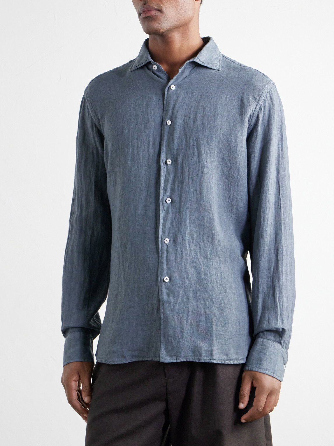 FEDELI - Nick Slim-Fit Cutaway-Collar Linen Shirt - Blue