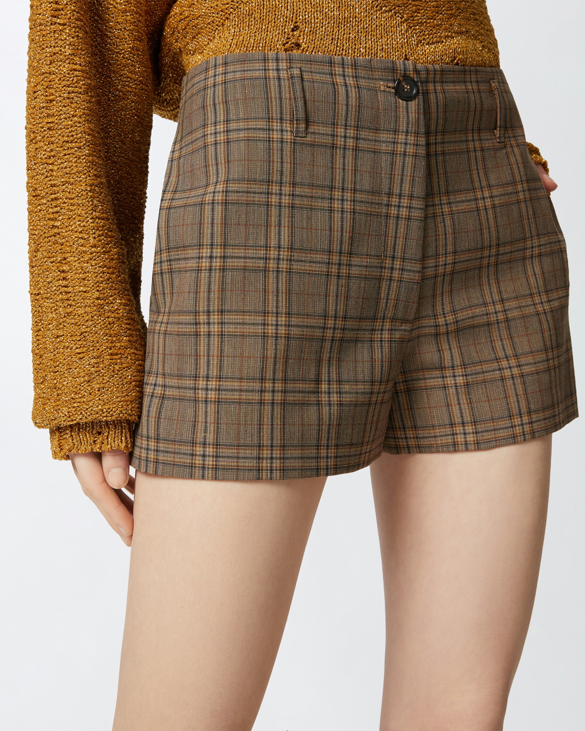 Pinko Wide Shorts With Checked Pattern Brown Camel