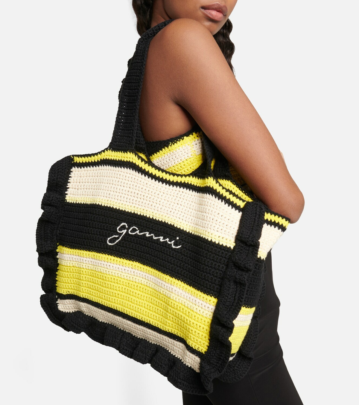 Ganni Frilltrimmed crochet tote bag GANNI