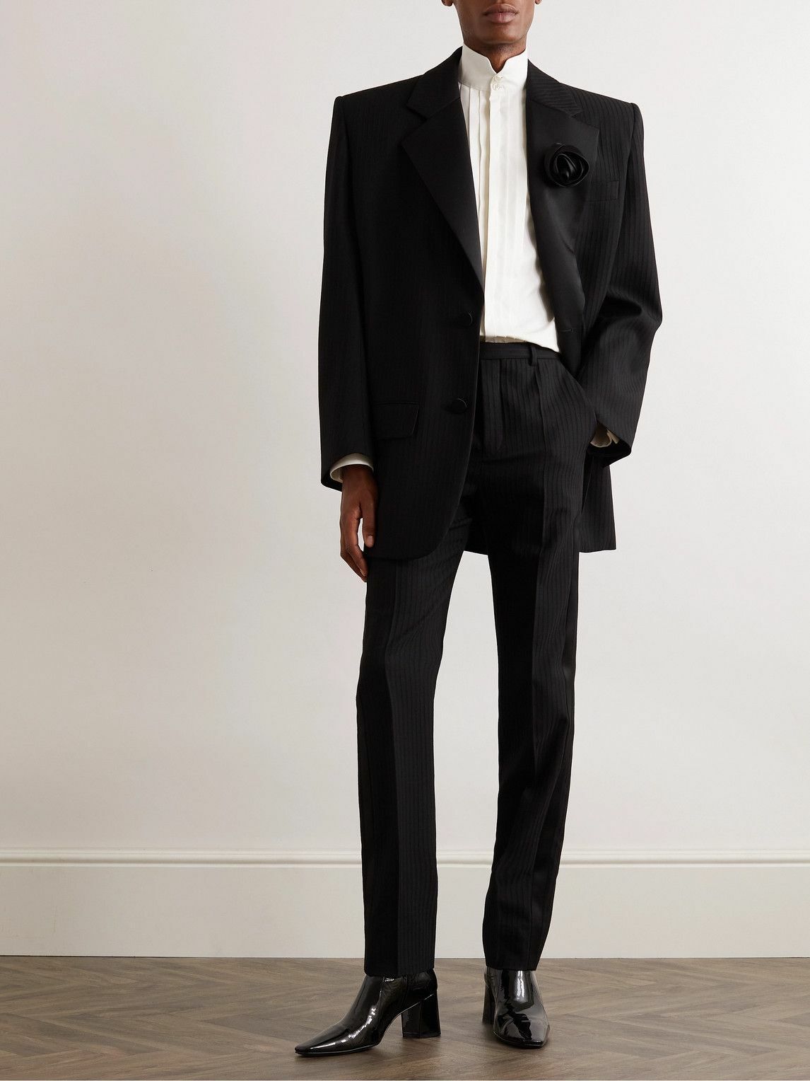 SAINT LAURENT - Straight-Leg Pleated Silk-Trimmed Herringbone Wool