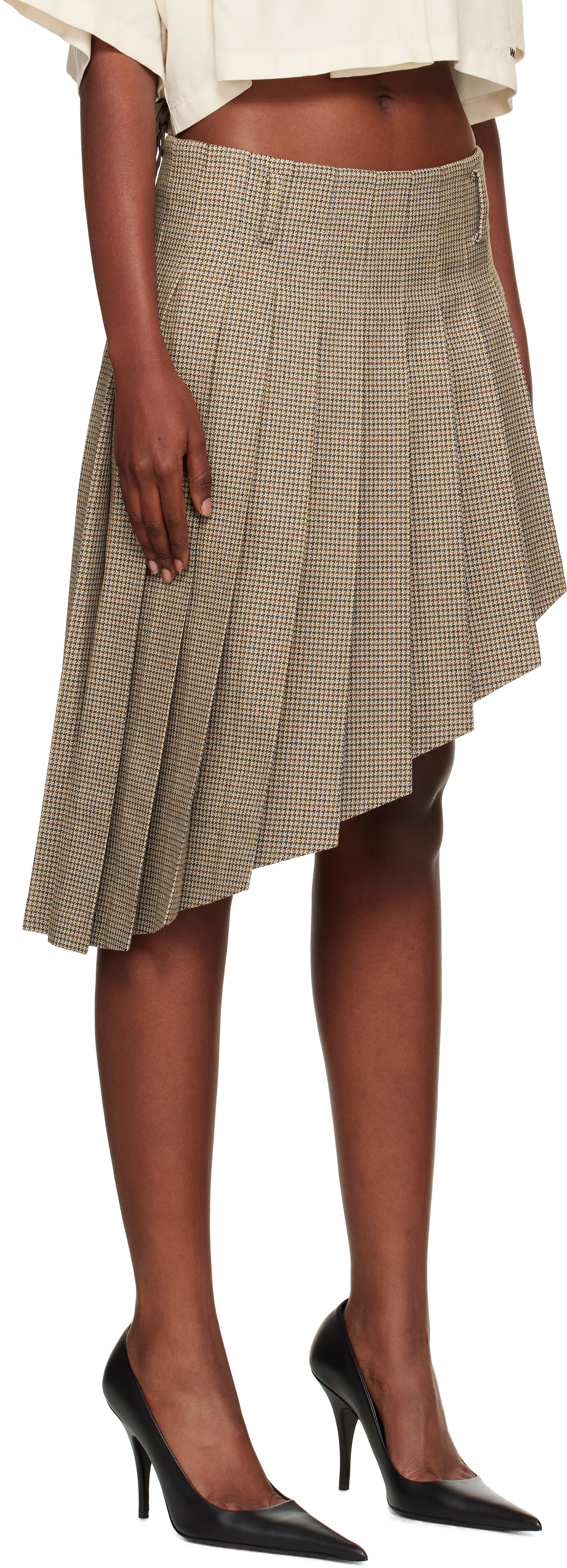 We11done Beige Asymmetric Checked Midi Skirt