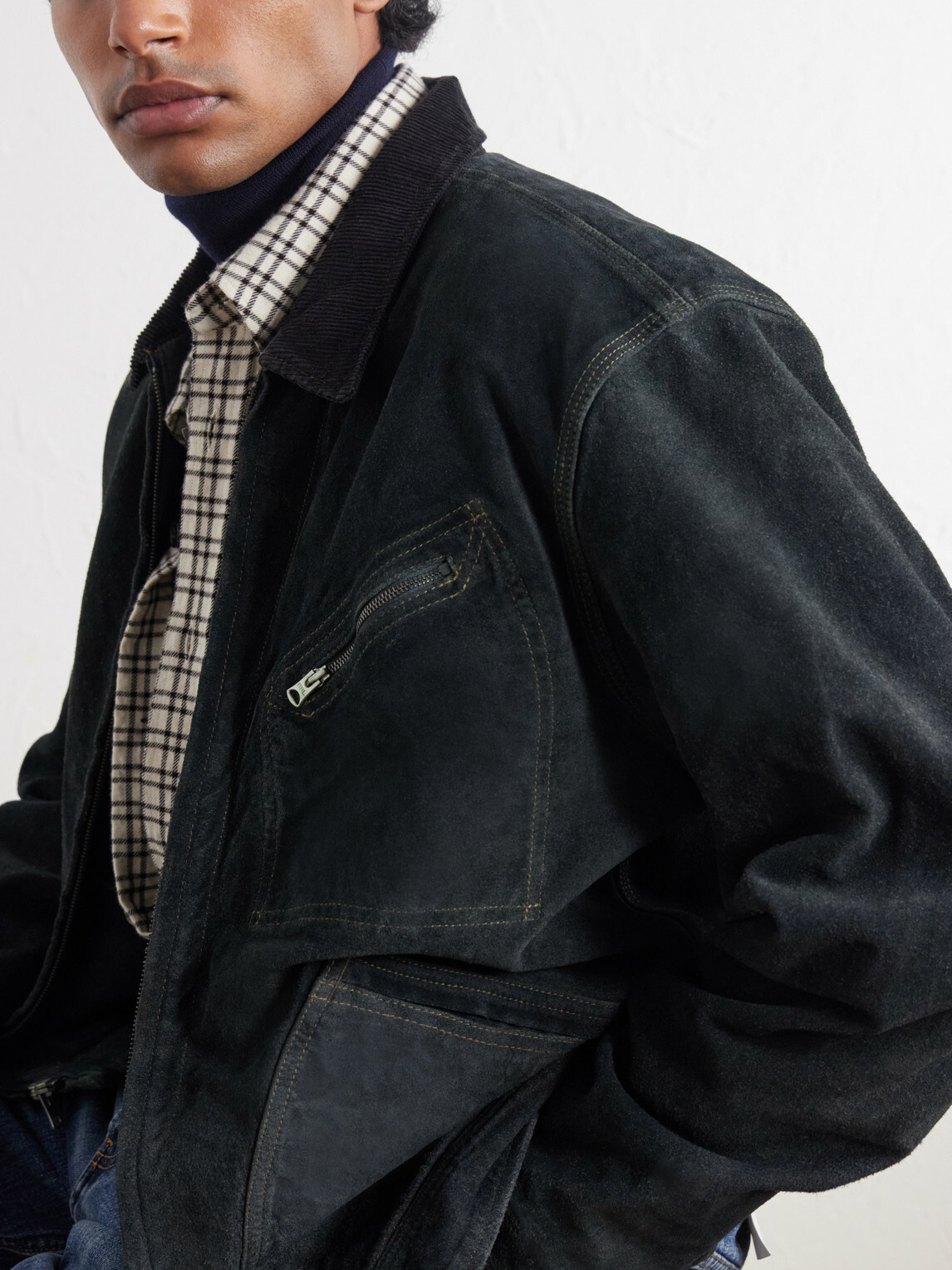 RRL - Chrysler Corduroy-Trimmed Suede Jacket - Blue