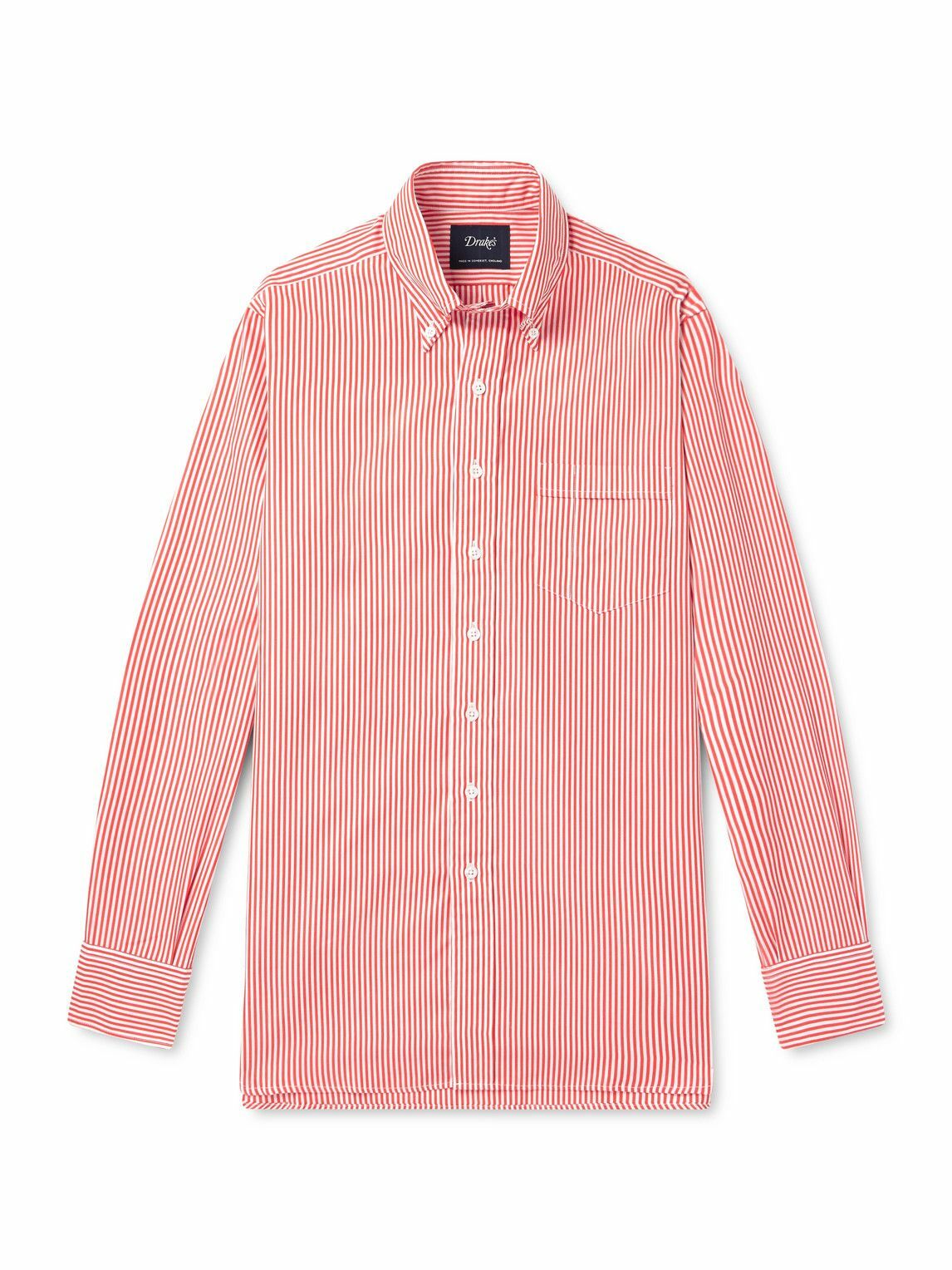 Drake's - Slim-Fit Button-Down Collar Striped Cotton-Poplin Shirt - Red