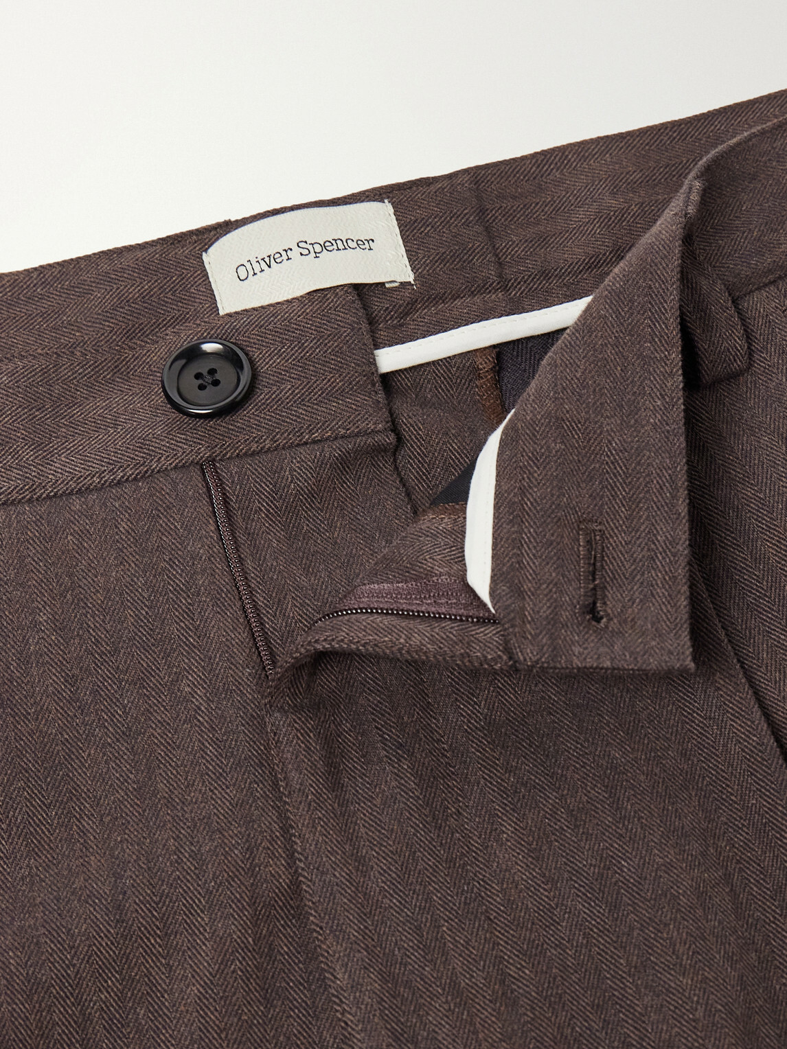 Oliver Spencer - Morton Straight-Leg Pleated Herringbone Stretch-Cotton Suit Trousers - Brown