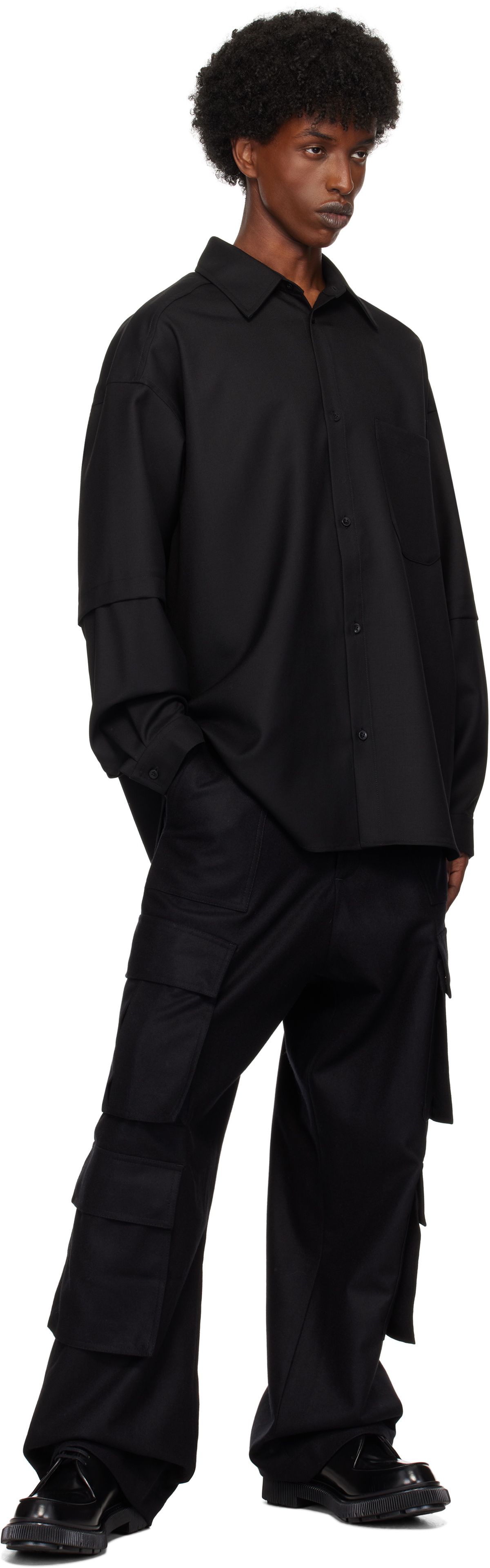 Lownn Black Flannel Wool Wide Leg Cargo Pants