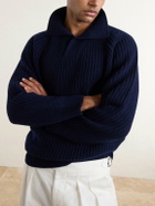 Eleventy - Ribbed-Knit Wool and Cashmere-Blend Polo Shirt - Blue