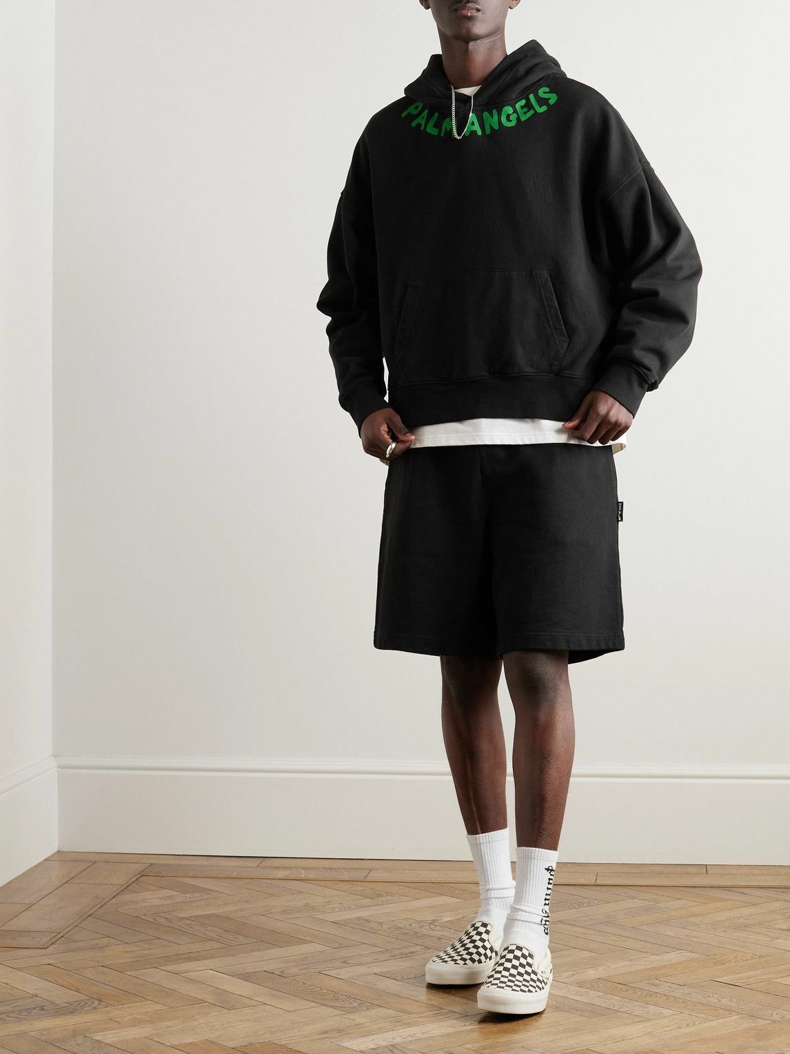 Palm Angels - Logo-Print Cotton-Jersey Hoodie - Black