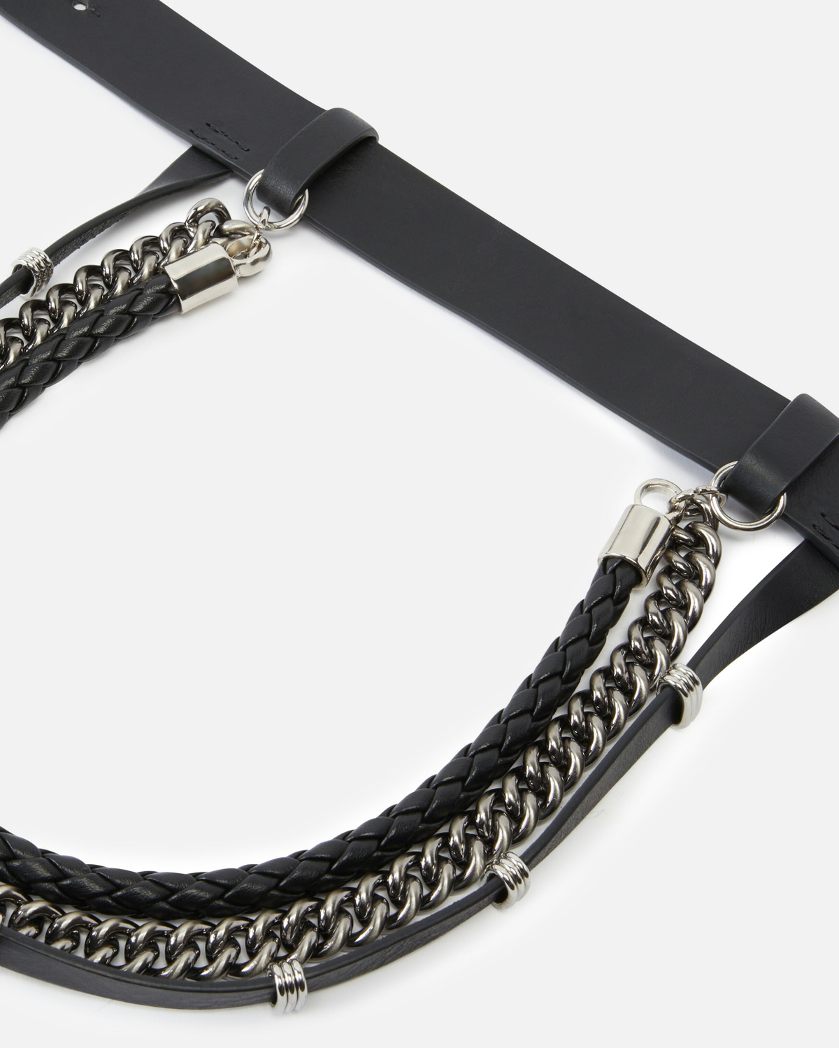 Pinko Leather Belt With Chains And Straps 3 Cm Black Old Silver