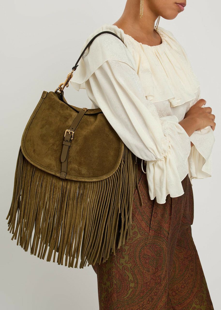 Etro Libra Medium Leather and Suede Tote - Khaki - One Size