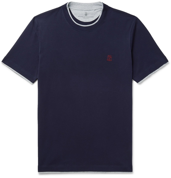 Photo: Brunello Cucinelli - Slim-Fit Layered Logo-Embroidered Cotton-Jersey T-Shirt - Blue