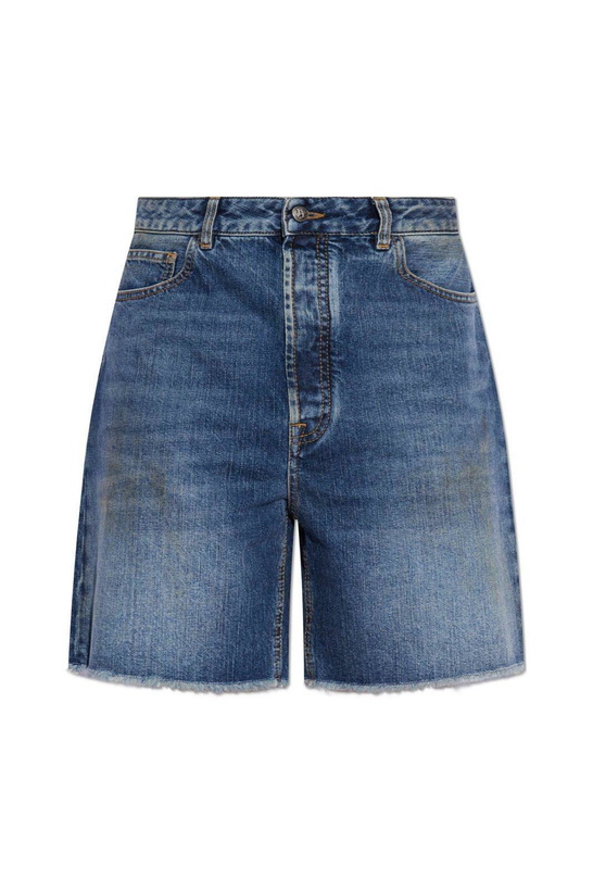 Photo: Palm Angels Logo Printed Frayed Hem Denim Shorts