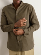 Mr P. - Grandad-Collar Organic Cotton and Linen-Blend Seersucker Shirt - Green