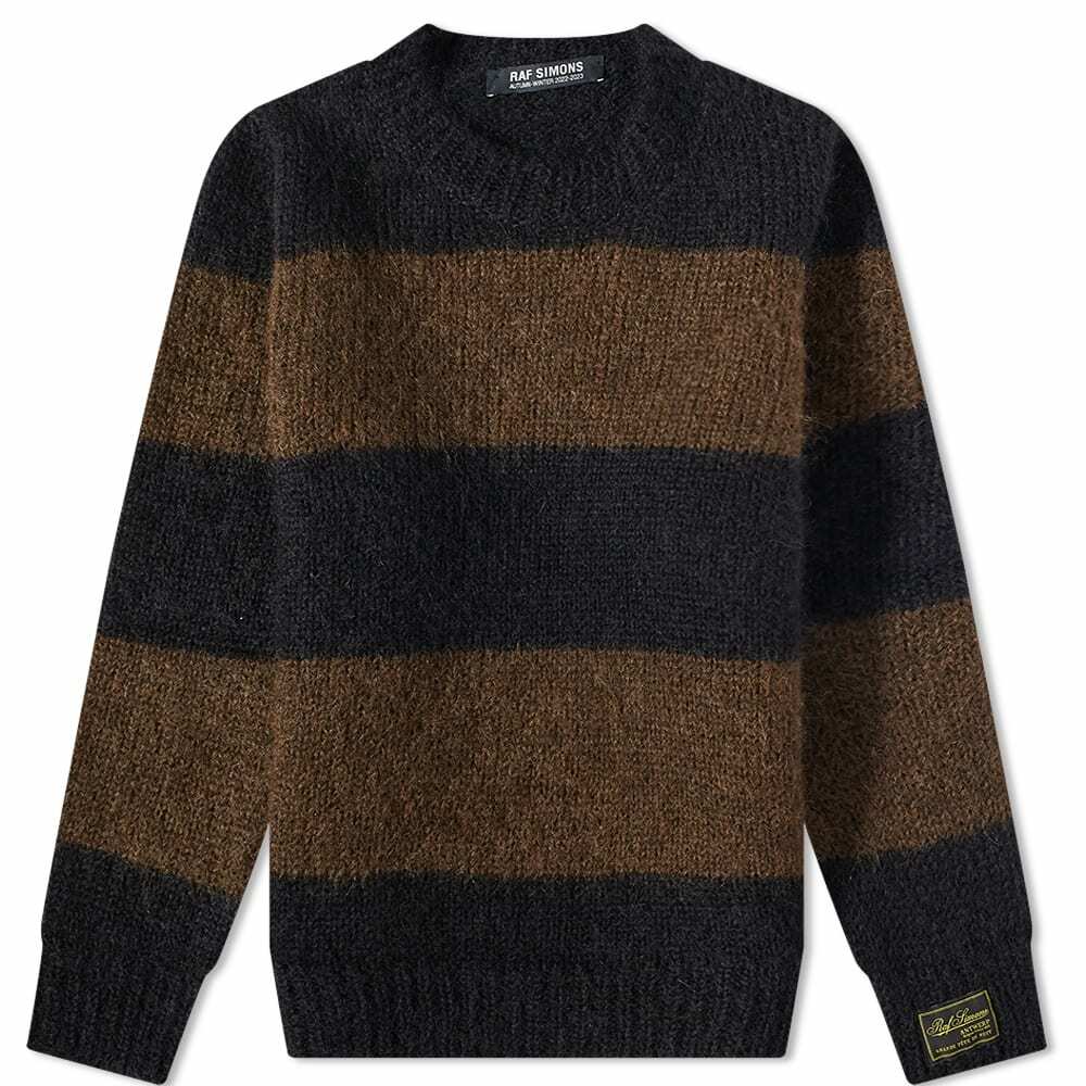 Raf Simons Men's Striped Mohair Crew Knit in Black/Brown Raf