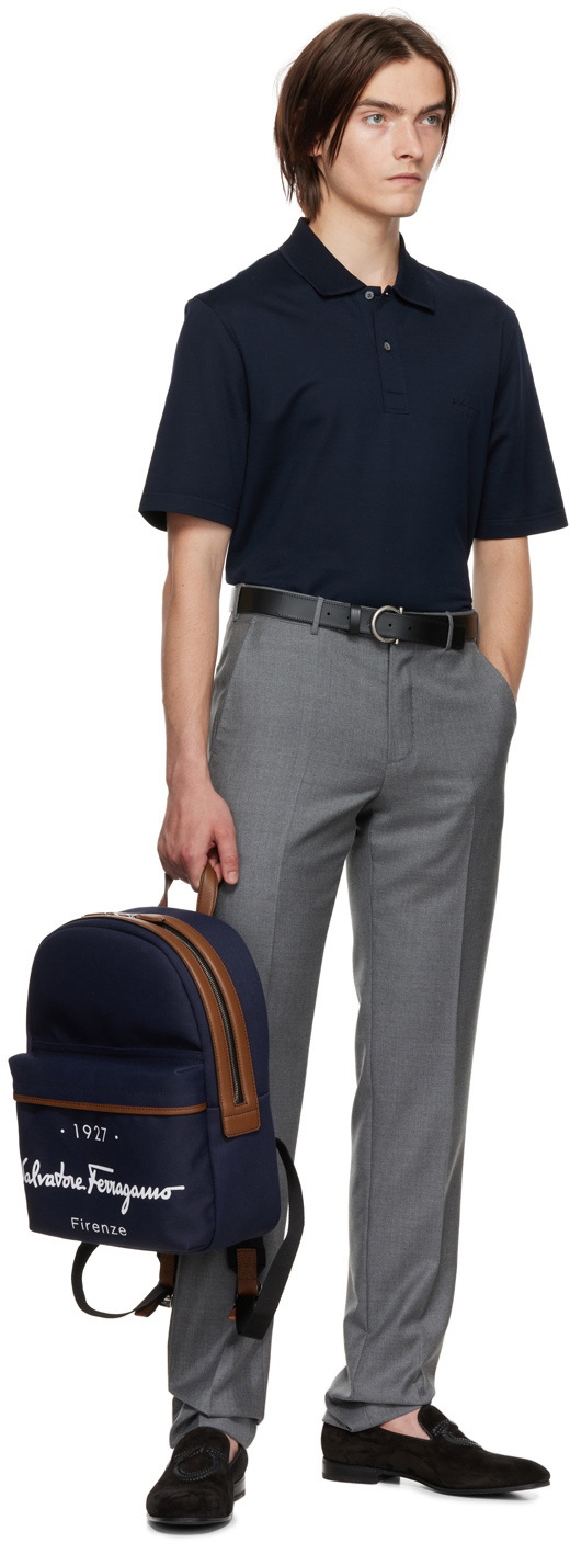 FERRAGAMO★素敵！NAVY DENIM CANVAS LEATHER TRIM BACKPACK 1690 FERRAGAMO NAVY DENIM CANVAS TAN LEATHER TRIM 1927