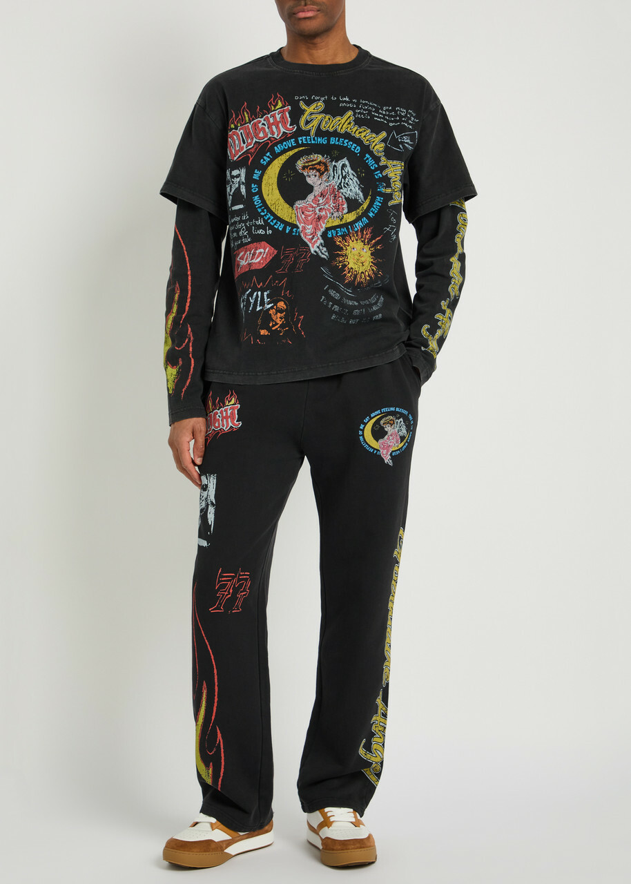 God Made Angel Printed Straight-leg Cotton Sweatpants Black