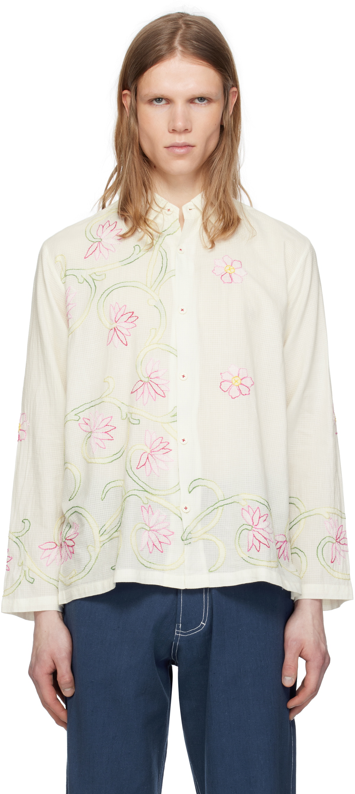 HARAGO White Embroidered Floral Shirt