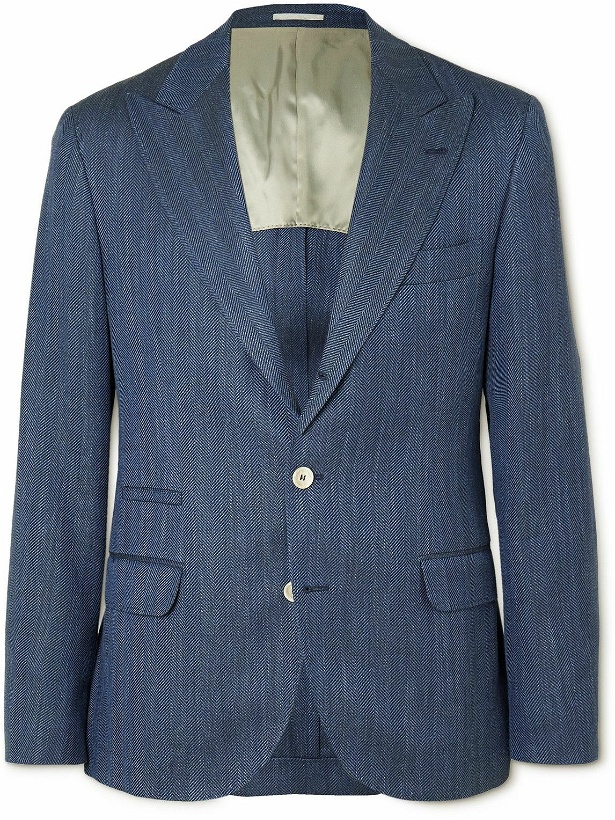 Photo: Brunello Cucinelli - Herringbone Wool, Silk and Linen-Blend Blazer - Blue
