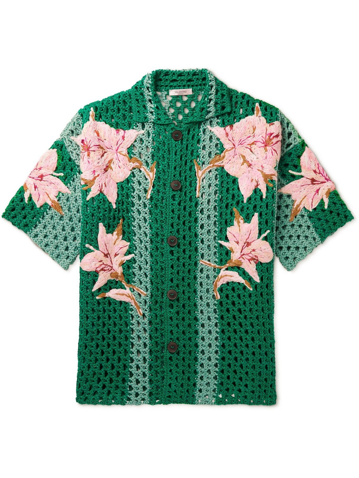 Photo: VALENTINO - Embroidered Camp-Collar Floral-Print Crocheted Cotton Shirt - Green