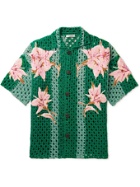 VALENTINO - Embroidered Camp-Collar Floral-Print Crocheted Cotton Shirt - Green