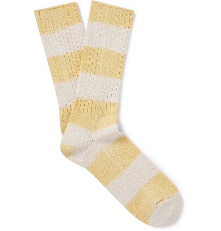 Photo: Mr P. - Ribbed Striped Cotton-Blend Socks - Yellow