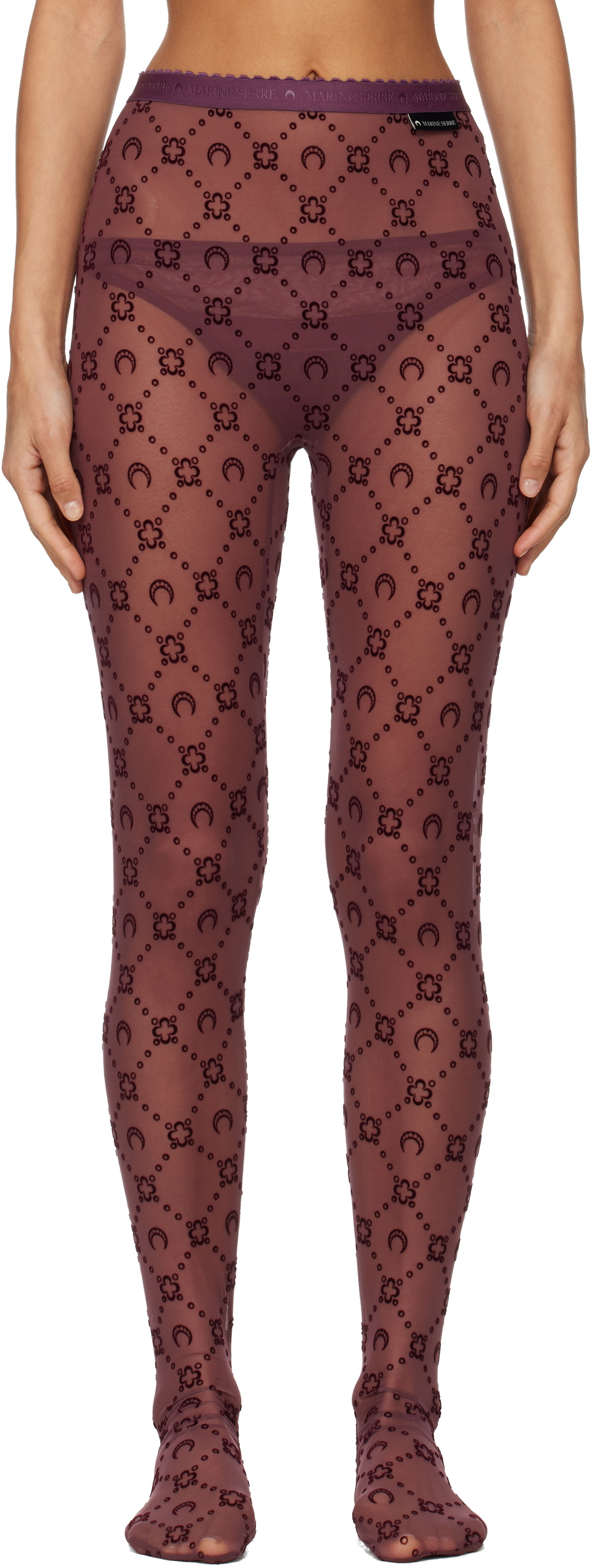Marine Serre Burgundy Moonogram Mesh Flock Tights