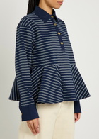 Ganni Striped Peplum Piqué Cotton Polo Shirt Navy