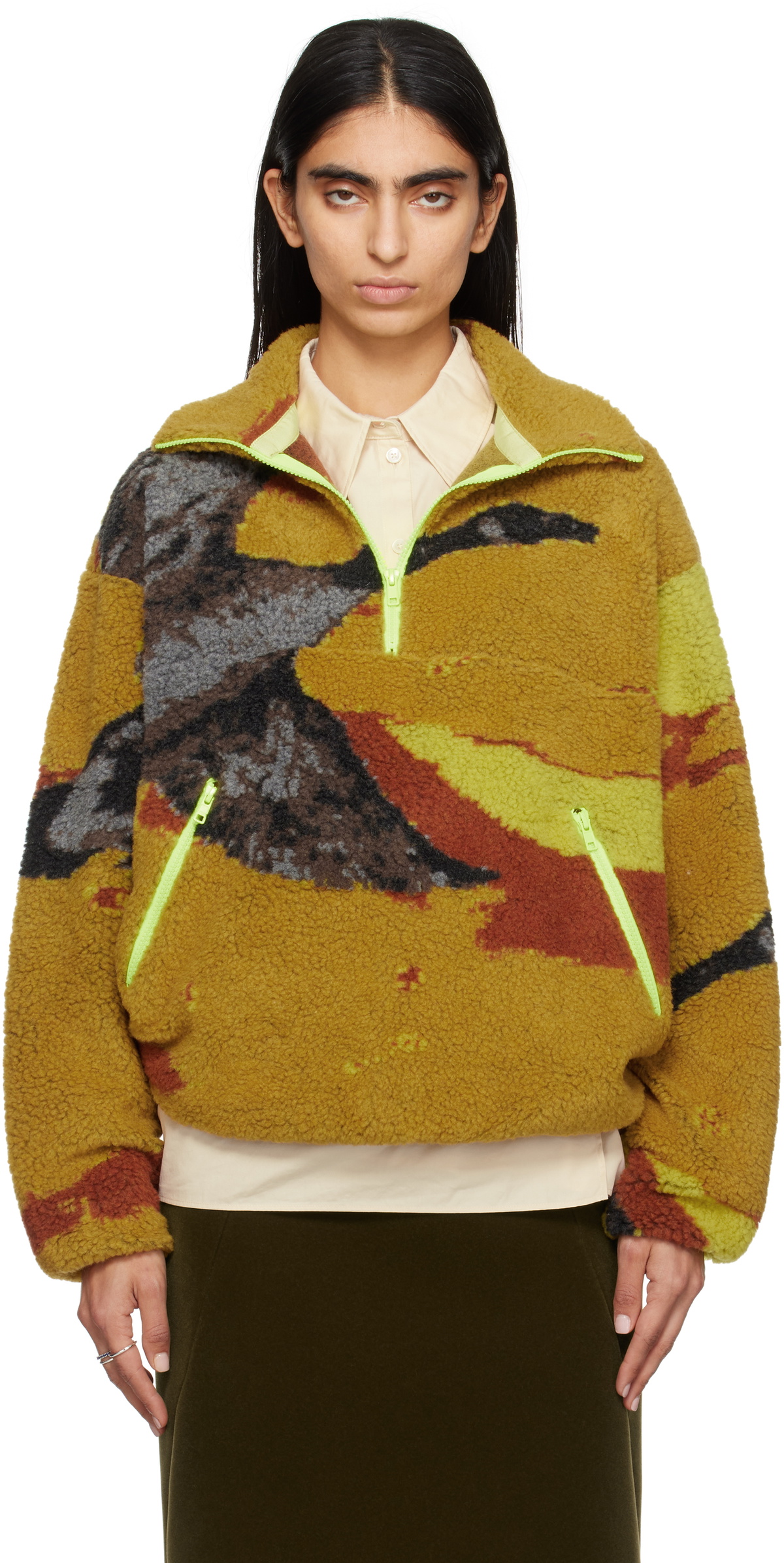 Conner Ives Khaki Recycled Fleece 1/2 Zip Sweater