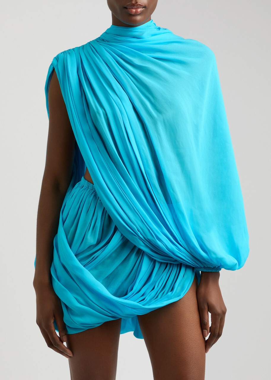 Alaïa Asymmetric Draped Georgette Mini Dress Turquoise ALAÏA