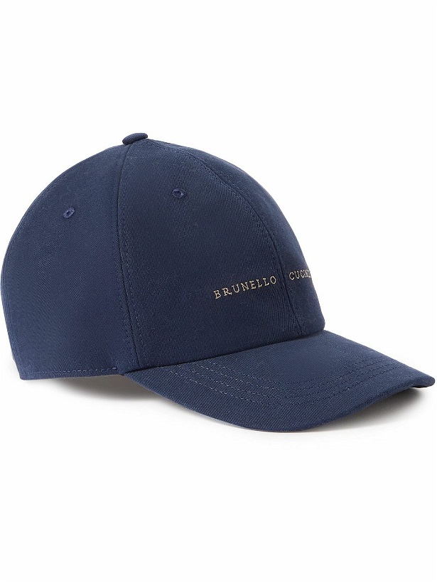 Photo: Brunello Cucinelli - Logo-Embroidered Leather-Trimmed Cotton-Twill Baseball Cap - Blue