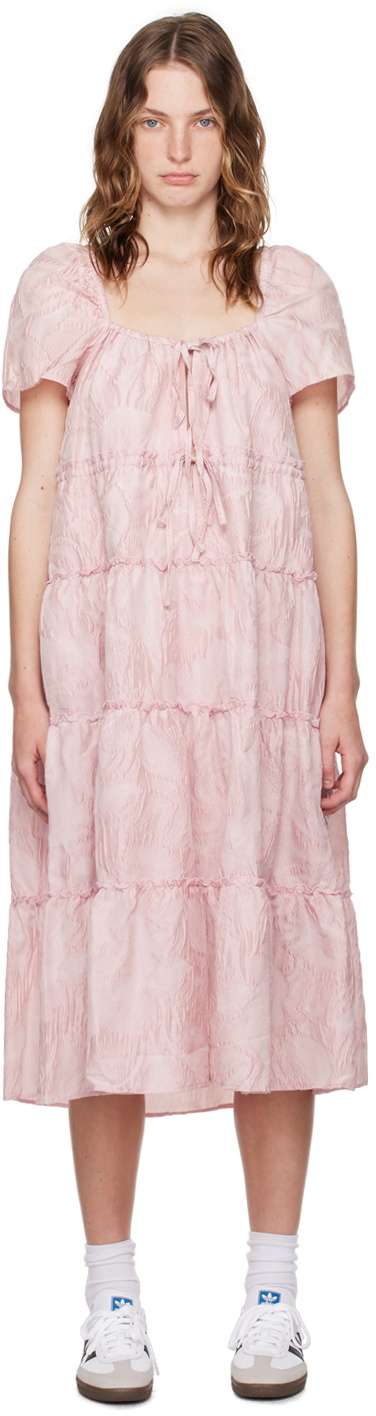 ganni pink ruffle dress Ganni Smocked Satin Ruffle Collar Wavy Waist Oversize Wrap Dress on Garmentory