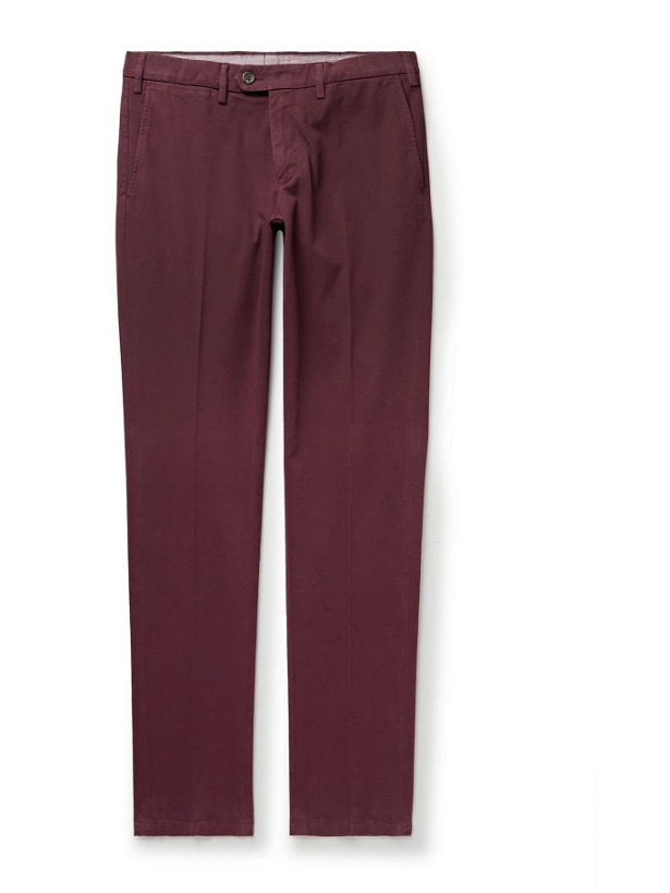 Photo: Canali - Slim-Fit Tapered Stretch-Cotton Jacquard Chinos - Burgundy