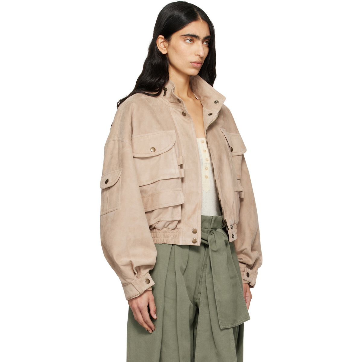 BALMAIN Beige Suede Bomber Jacket