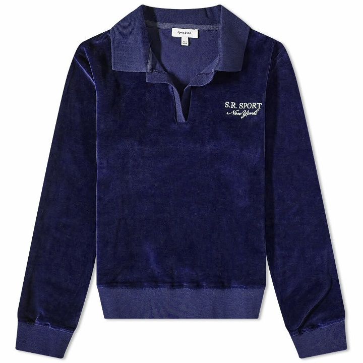 Photo: Sporty & Rich Long Sleeve Amamda Velour Polo Shirt in Navy/White