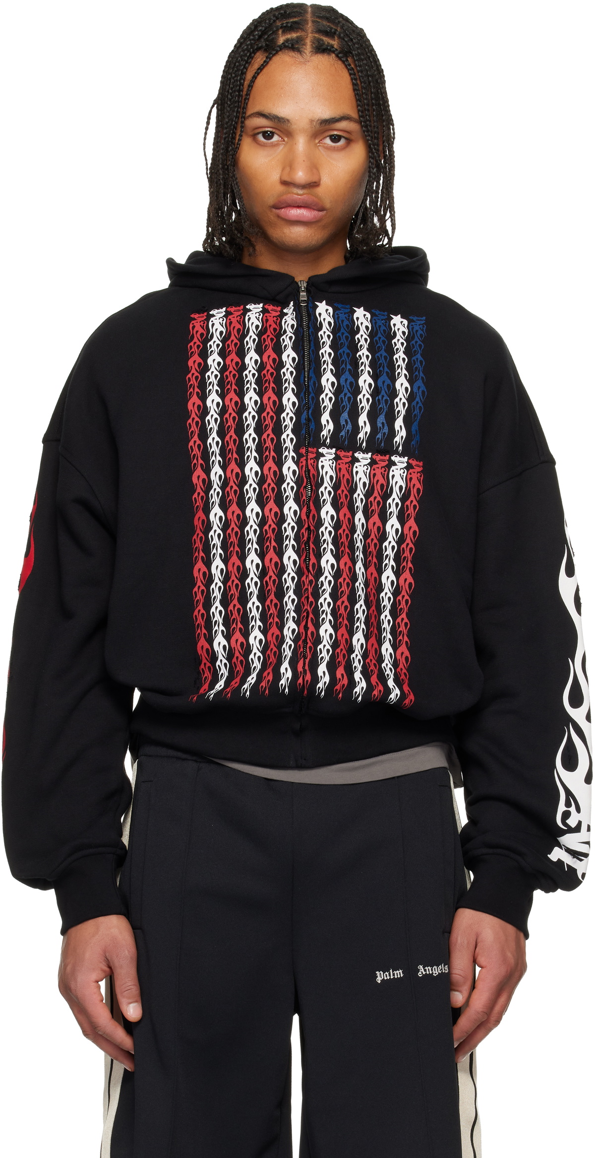 Palm Angels Black Flames Flag Zip Hoodie Palm Angels Palm Angels Black Flames Flag Zip Hoodie Palm Angels