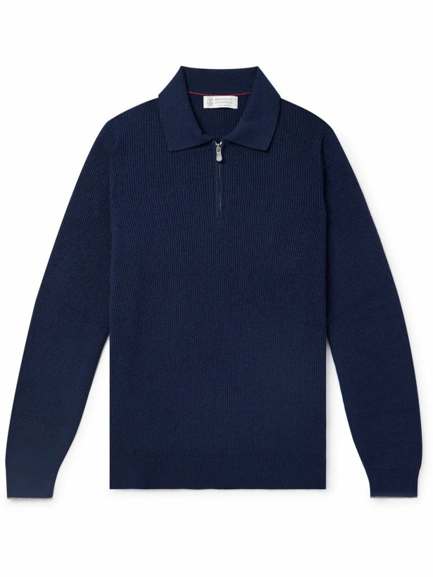 Photo: Brunello Cucinelli - Ribbed Cashmere Half-Zip Sweater - Blue