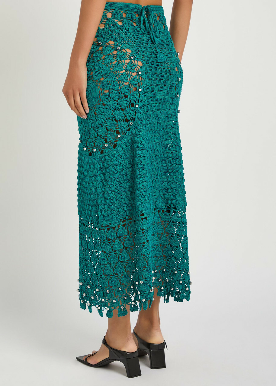 Rabanne Bead-embellished Crochet Cotton Midi Skirt Green