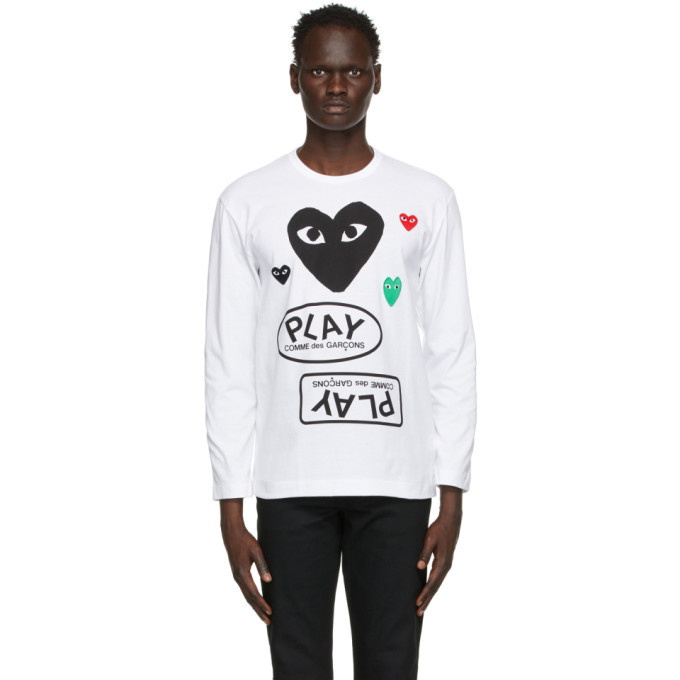 Photo: Comme des Garcons Play White Multi Logo and Heart Patch Long Sleeve T-Shirt