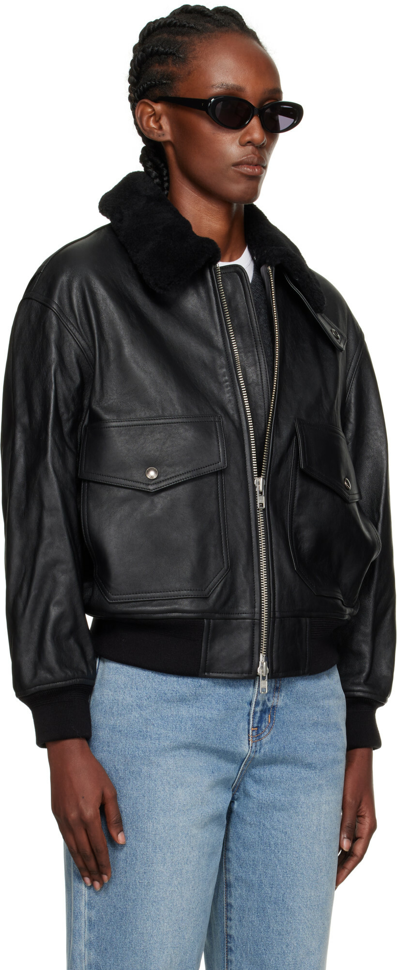 Dunst Black A-2 Shearling Collared Leather Jacket