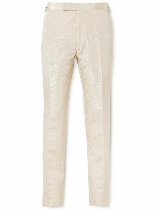 Photo: TOM FORD - Austin Straight-Leg Pleated Metallic Woven Tuxedo Trousers - White